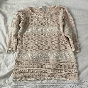 REBECCA STONE Sz Small Pompom crochet SWEATER Cream White cotton blend